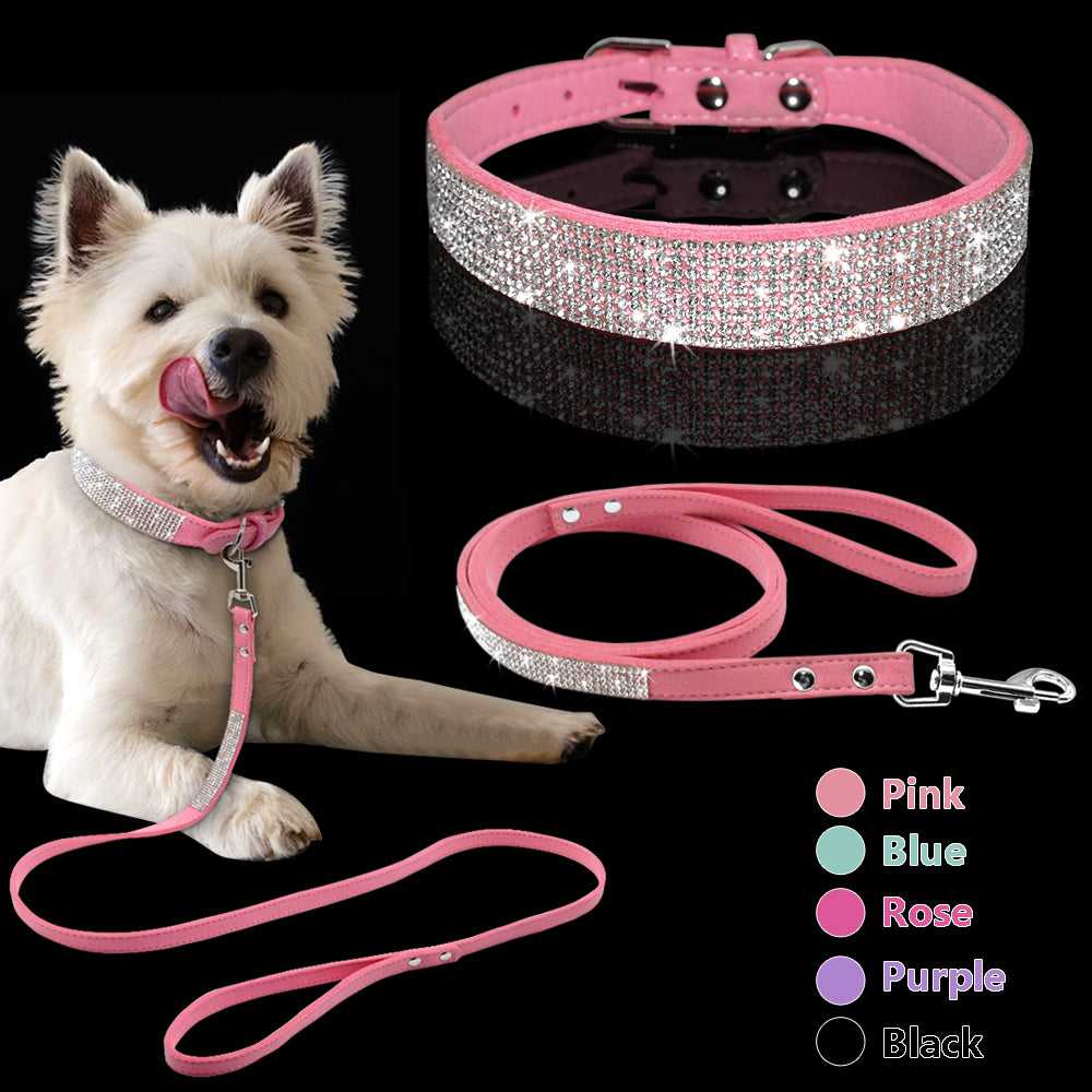 Bling Rhinestone Dog Collar Leash Set