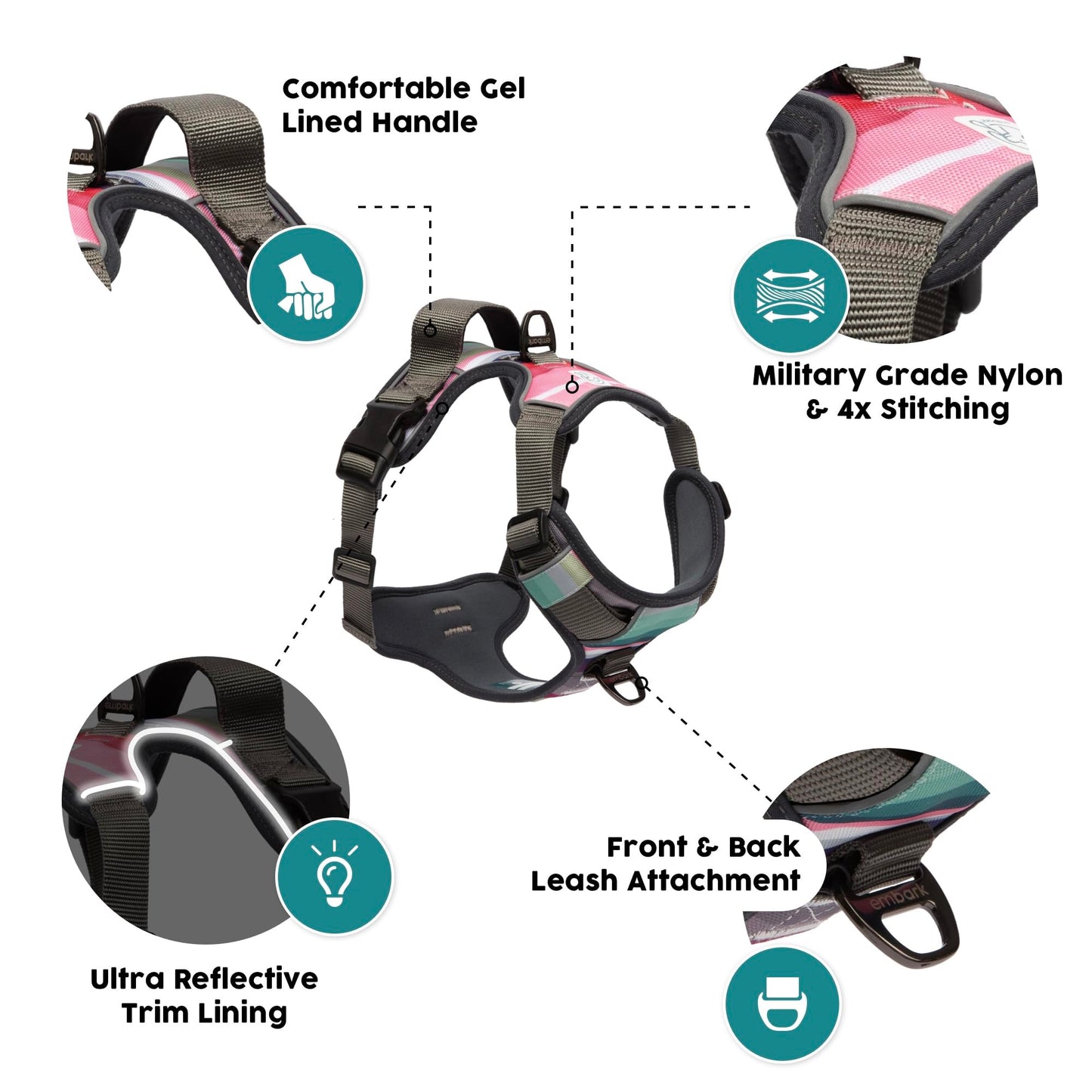 Embark Urban Dog Harness, No-Pull Reflective Trim Dog Harness for Small, Medium & Large Dogs - Heavy Duty Oxford, 2 Leash Clips & Gel Lined Handle.