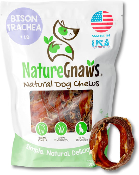 Nature Gnaws USA Smoked Bison Trachea Rings for Dogs (1Lb) – Delicious Grain Free Long Lasting Chew