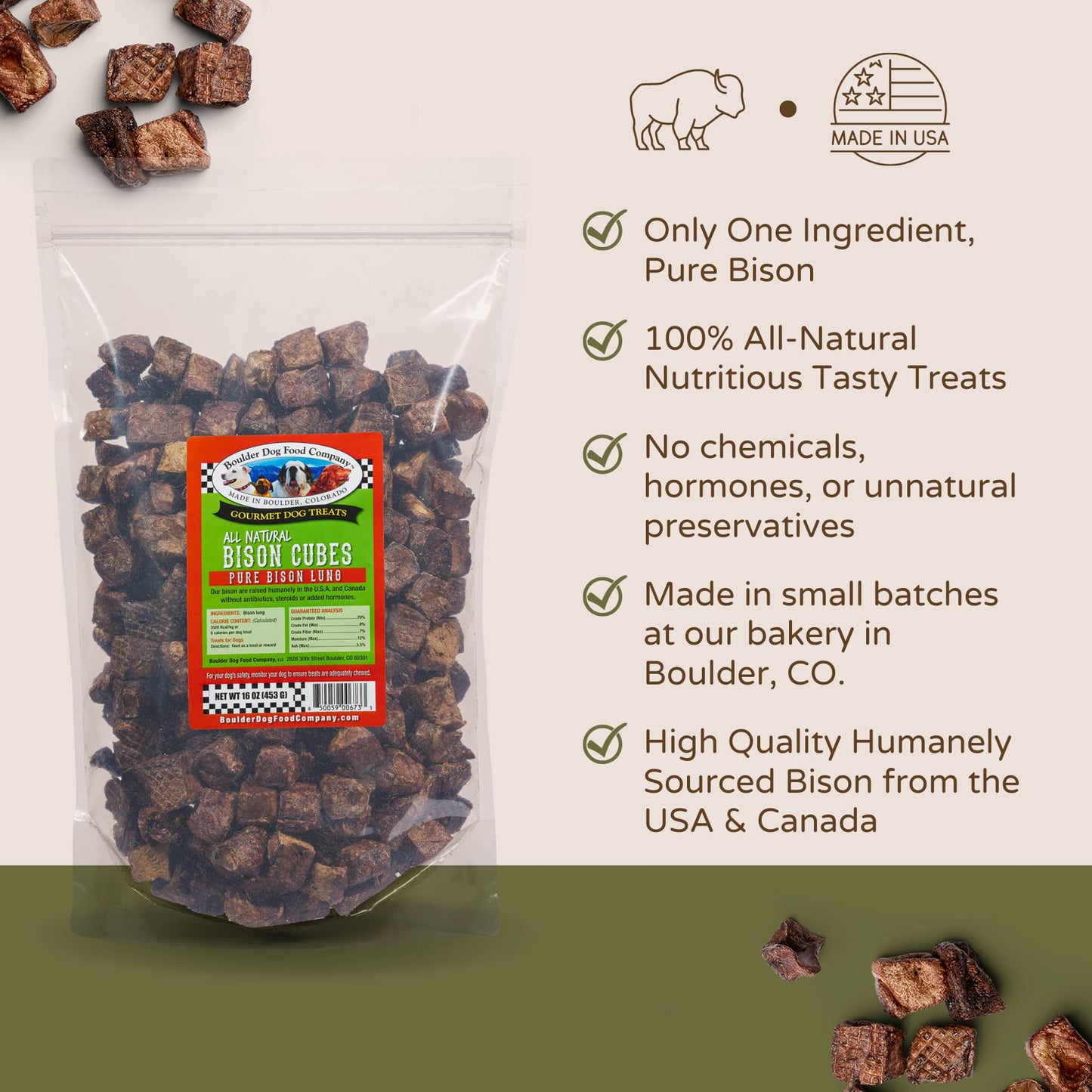 Bison Cubes: Pure Bison Dog Treats - All Natural Treats for Dogs. Vet Approved, Single Ingredient.